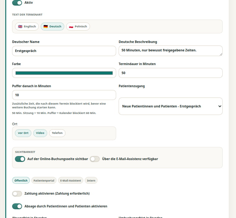 Theravo-Einstellungen für eine Terminart mit Zielgruppe, Buchungskanälen, Dauer, Format sowie Absage- und Verschiebefristen.