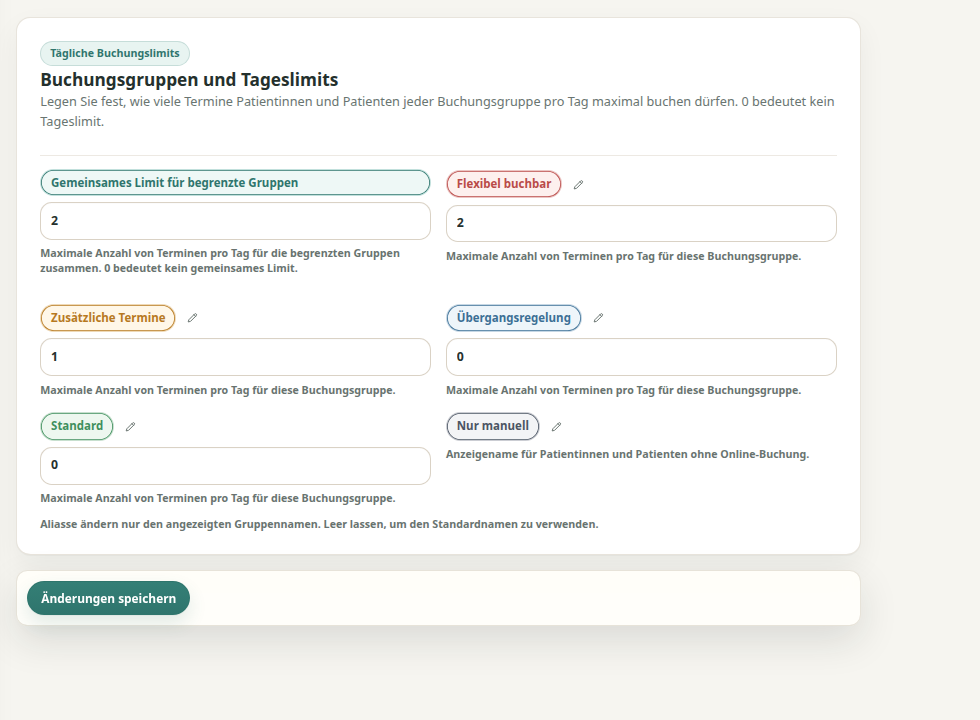 Theravo-Einstellungen für Buchungsgruppen mit neutralen Namen und täglichen Buchungslimits.