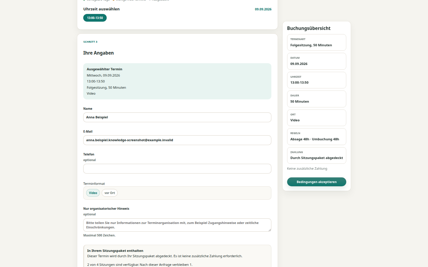 Theravo-Buchungsansicht, in der eine geeignete Sitzung durch ein Sitzungspaket abgedeckt werden kann.