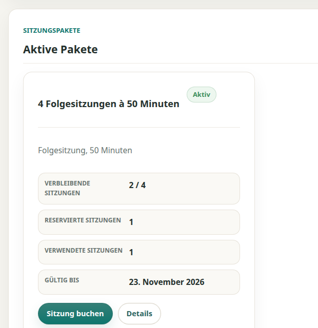Theravo-Patientenbereich mit aktivem 4er-Sitzungspaket und verbleibenden, reservierten und verwendeten Sitzungen.