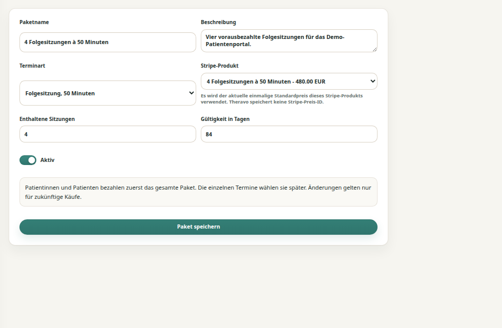 Theravo-Einstellungen für ein Sitzungspaket mit Name, Beschreibung, Terminart, Stripe-Produkt, Sitzungszahl, Gültigkeit und aktivem Status.