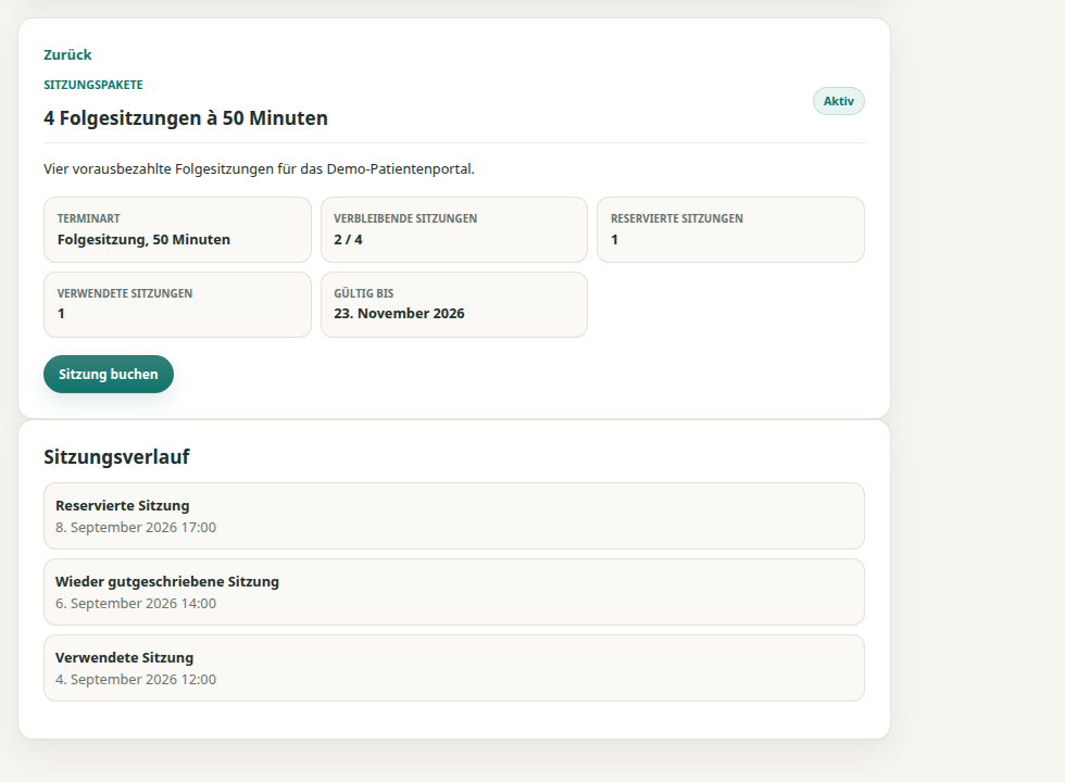 Theravo-Patientenbereich mit Status eines 4er-Sitzungspakets.