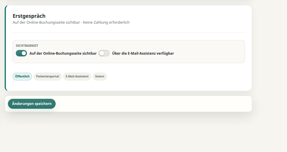 Buchungskanäle einer Terminart mit öffentlicher Buchung, Patientenportal, E-Mail-Assistent und internem Zugang.