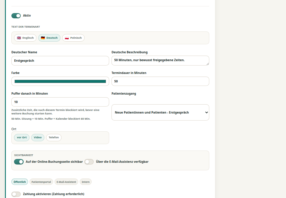 Formular für Dauer, Pufferzeit, Zielgruppe und Format eines Erstgesprächs.