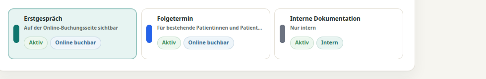 Theravo-Übersicht mit Erstgespräch, Folgetermin und internem Termin.