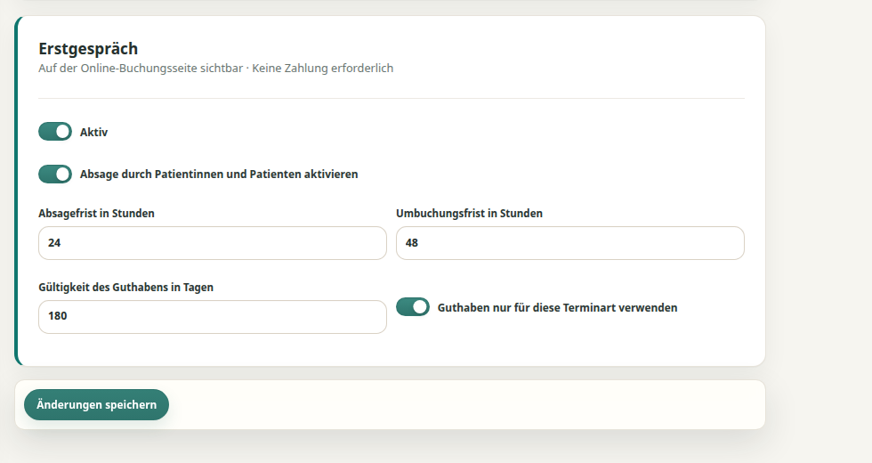 Theravo-Regeln für Absage, Verschiebung und Aktivstatus einer Terminart.