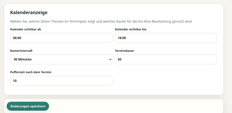 Kalendereinstellungen für Anzeigezeiten, Raster, Standarddauer und Pufferzeit.