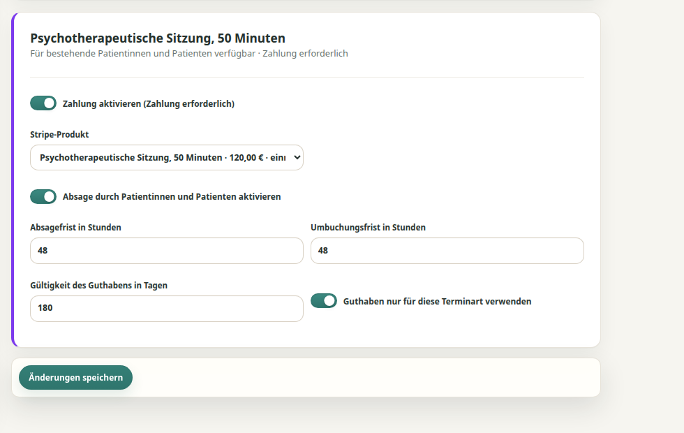 Terminart mit Preis, Währung, Stripe-Preis und aktivierter Zahlung vor Bestätigung.