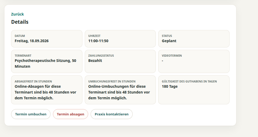Patientenportal mit Status einer bezahlten einzelnen Sitzung.