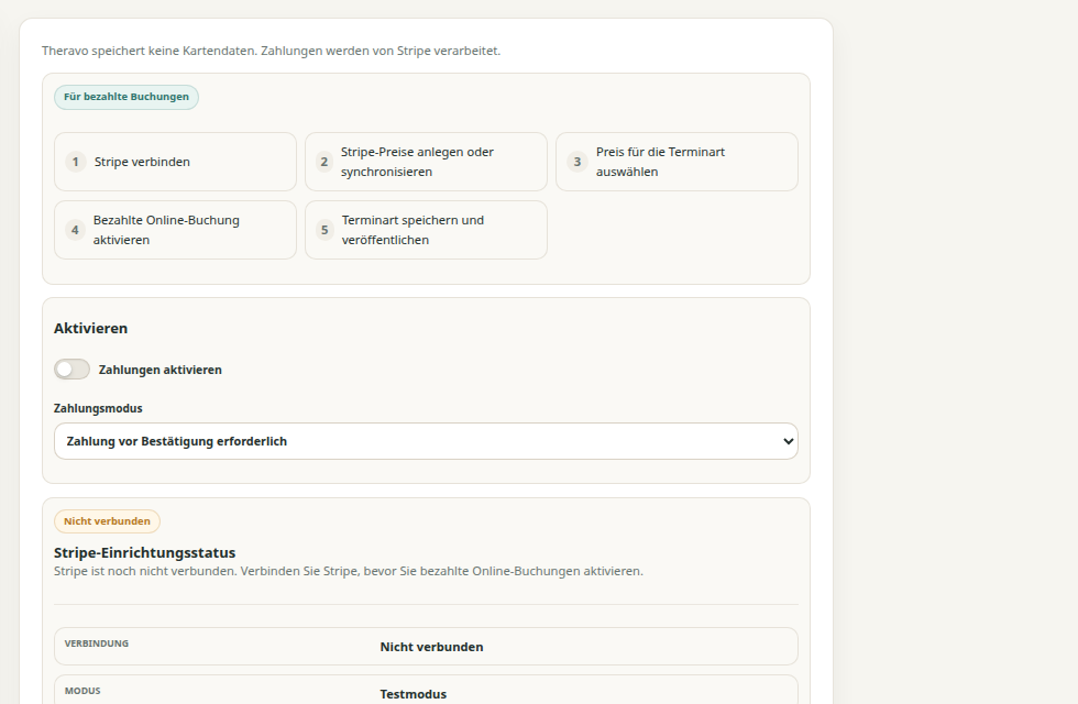 Zahlungseinstellungen vor der Verbindung mit Stripe.