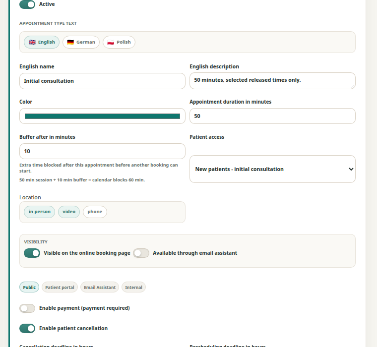 Theravo settings for an appointment type with patient group, booking channels, duration, format and change deadlines.