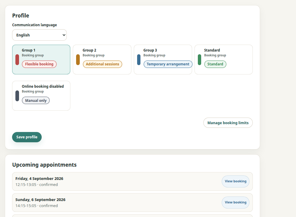 Theravo patient profile with booking-group assignment and individual online-booking control.