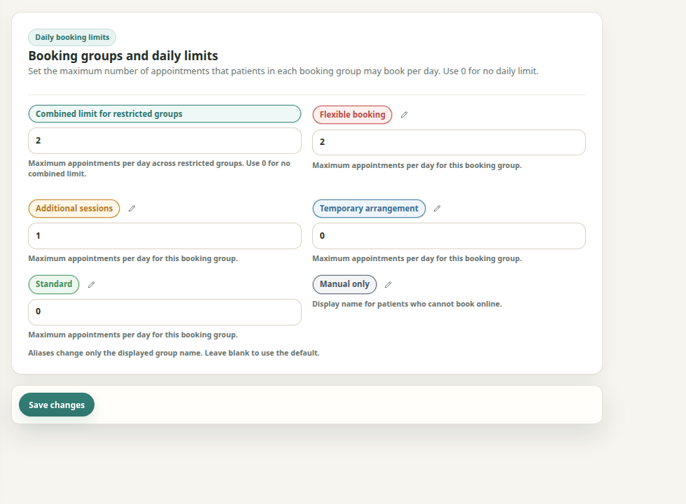 Theravo settings for booking groups with neutral names and daily booking limits.