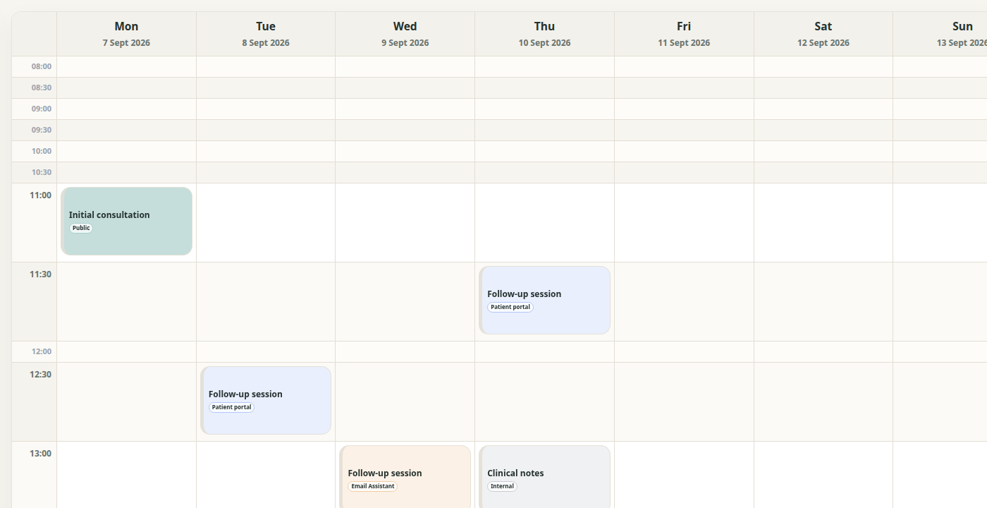 Theravo weekly view with deliberately released and internal appointment times.
