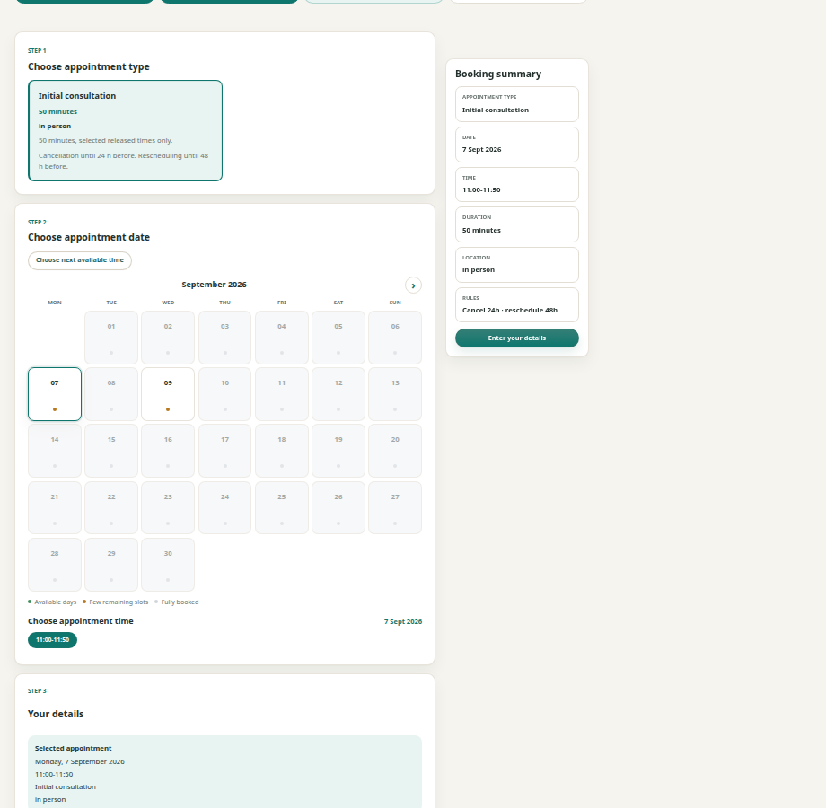 Public Theravo booking page with appointment type, selected date and deliberately released available times.