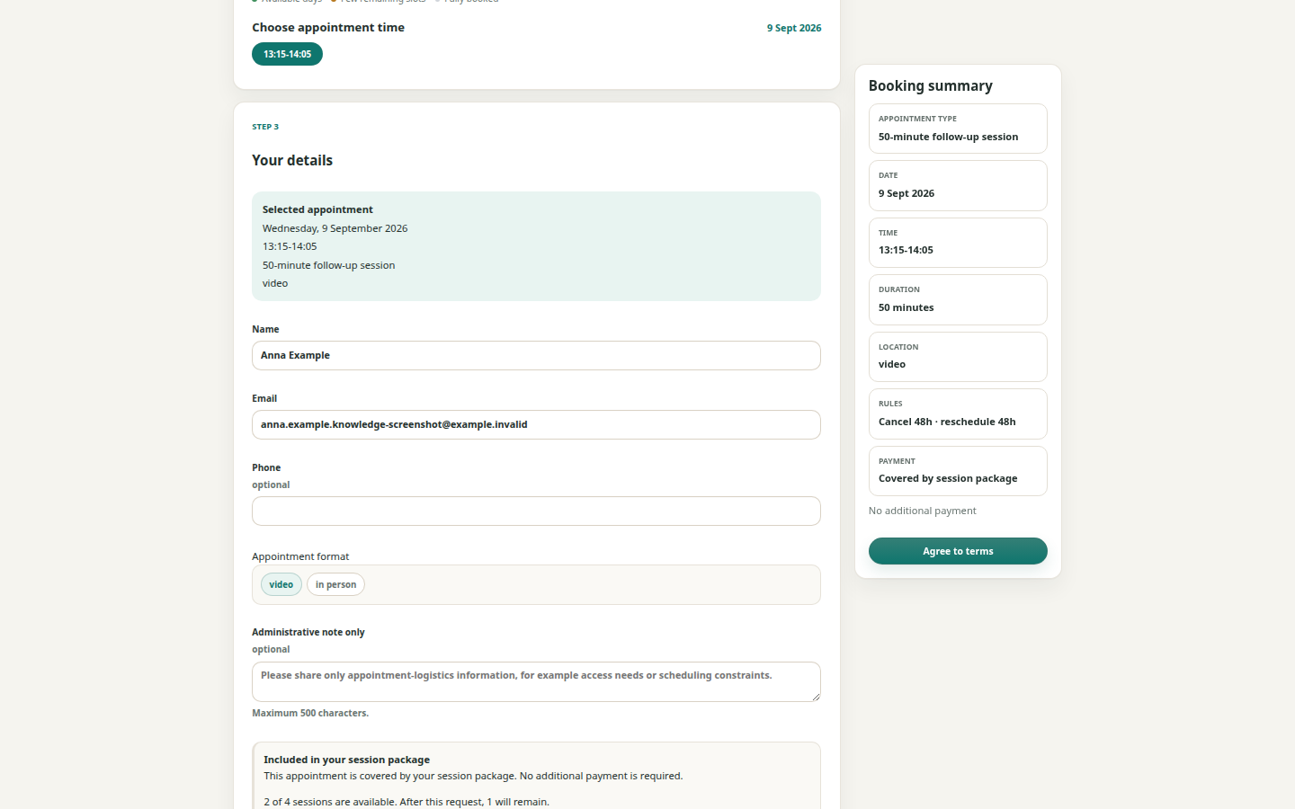 Theravo booking view where an eligible appointment can be covered by a session package.