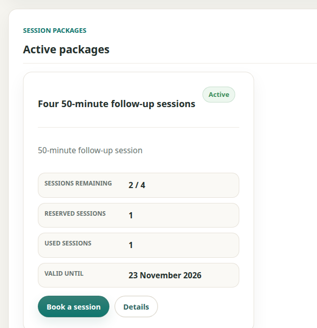 Theravo patient portal with an active four-session package and remaining, reserved and used sessions.