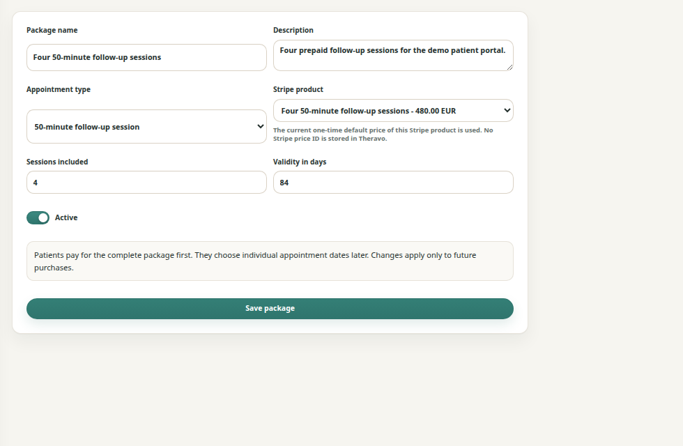 Theravo settings for a session package with name, description, appointment type, Stripe product, session count, validity and active status.