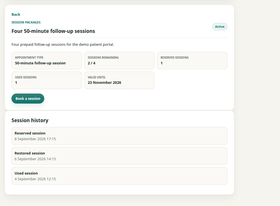 Theravo patient portal showing the status of a four-session package.