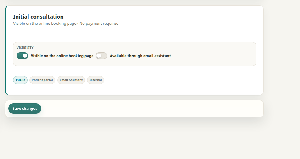 Booking channels for public booking, the patient portal, Email Assistant and internal access.