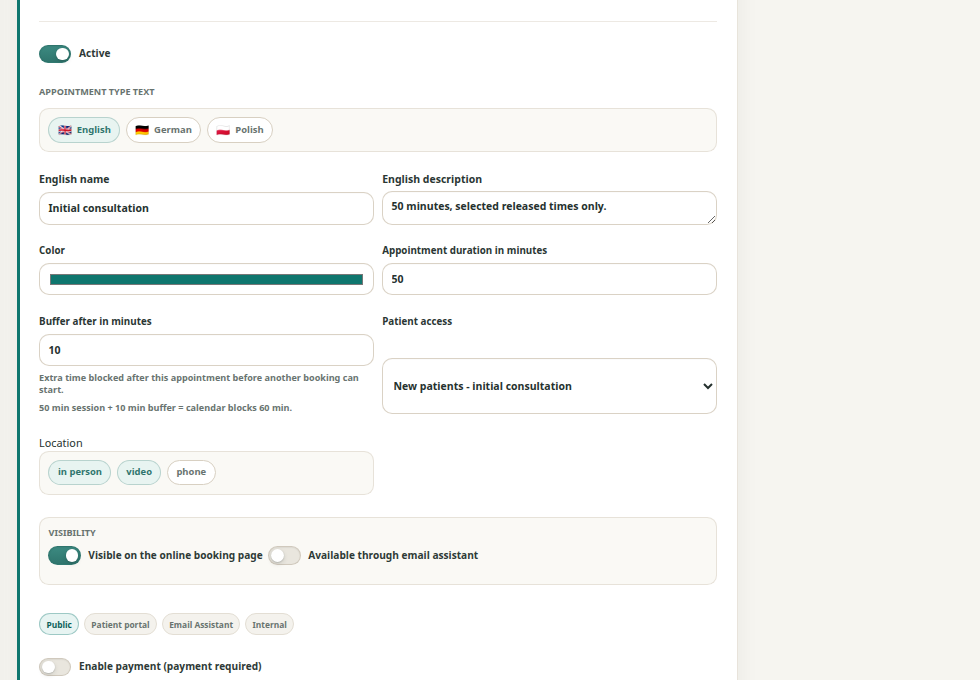 Appointment-type form for duration, buffer, audience and the format of an initial consultation.