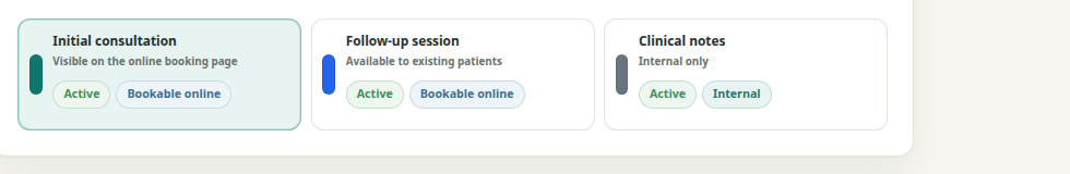 Theravo overview containing an initial consultation, follow-up session and internal appointment.