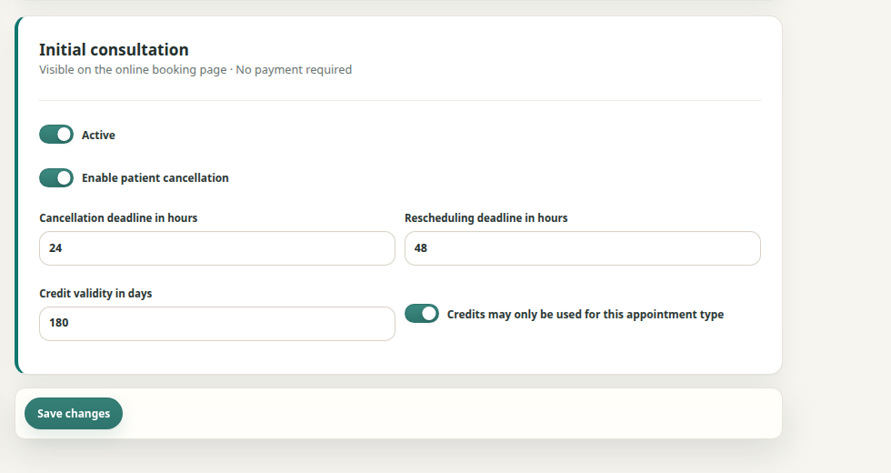 Theravo controls for cancellation, rescheduling and appointment-type status.
