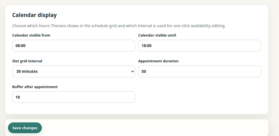 Calendar settings for display hours, grid, default duration and buffer.