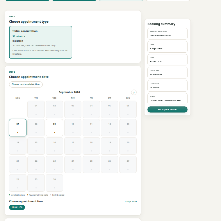 Public Theravo booking page with an initial consultation, selected date and available times.