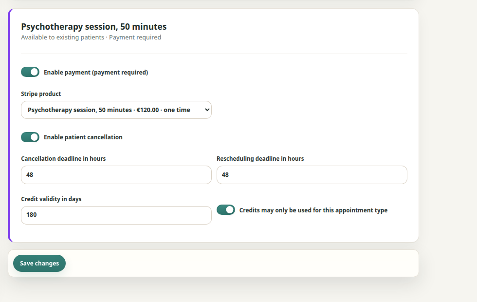 Appointment type with price, currency, Stripe price and payment before confirmation enabled.
