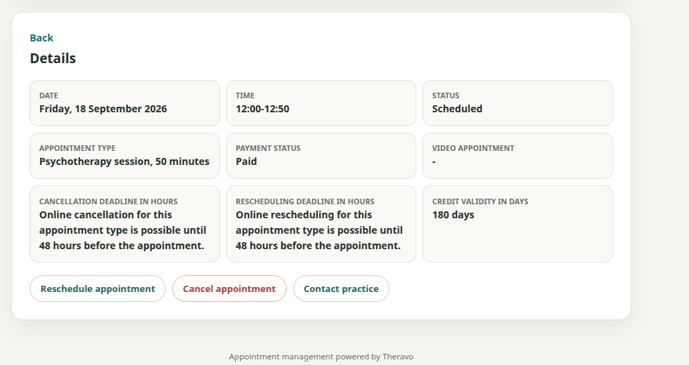 Patient portal showing the payment status of a single paid appointment.