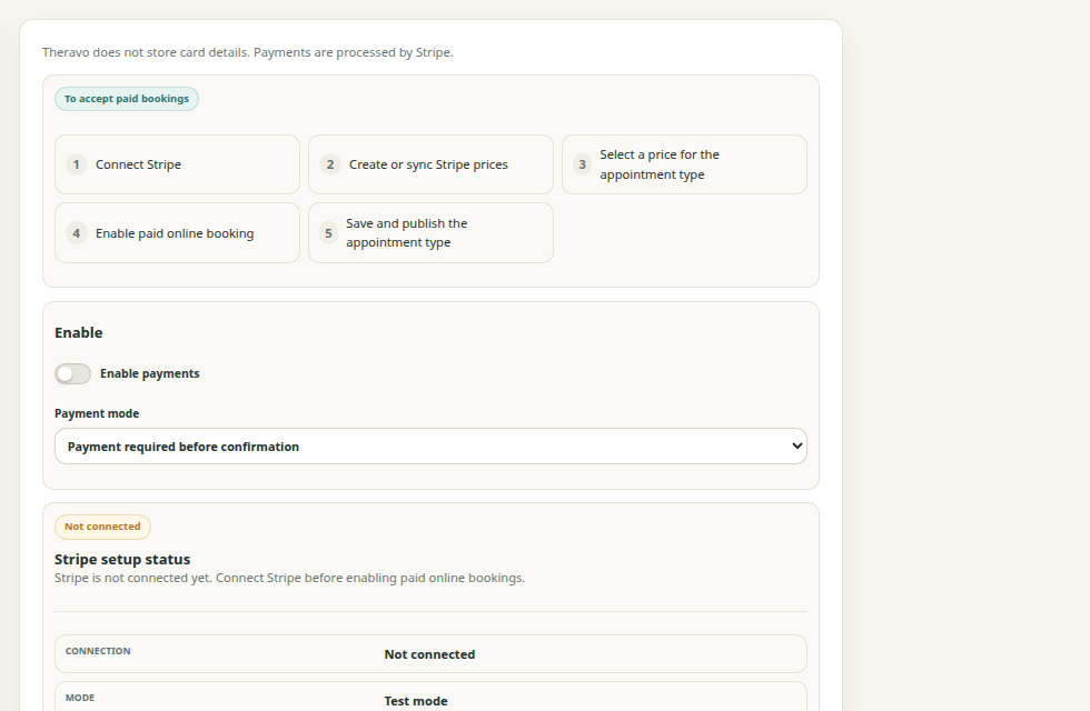 Payment settings before connecting Stripe.