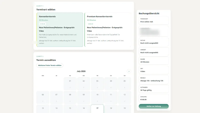 Theravo Buchungsablauf zur Auswahl eines verfügbaren Psychotherapie-Termins.