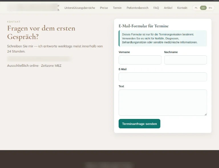 Formular für Terminanfragen auf einer psychotherapeutischen Praxiswebsite.