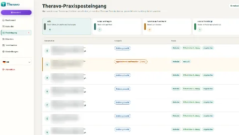 Theravo Praxisposteingang mit Terminanfragen für eine psychotherapeutische Praxis.