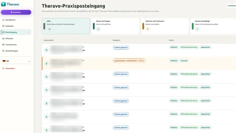 Theravo Praxisposteingang mit Terminanfragen für eine psychotherapeutische Praxis.