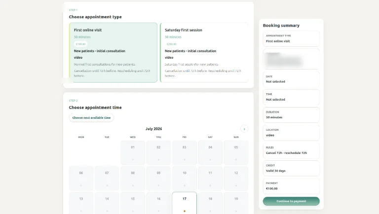 Theravo booking flow for choosing an available psychotherapy appointment time.