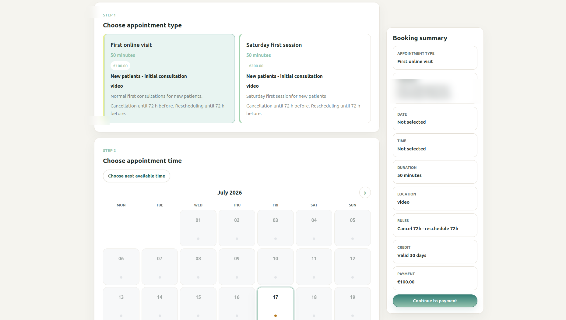 Theravo booking flow for choosing an available psychotherapy appointment time.