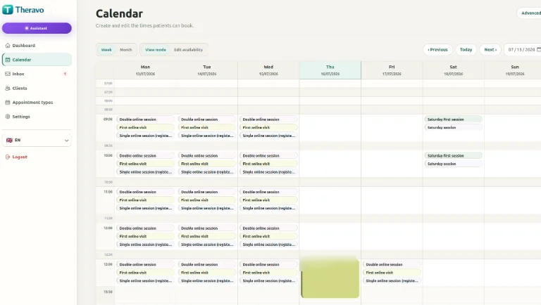 Theravo calendar view with released appointment slots and confirmed appointments.