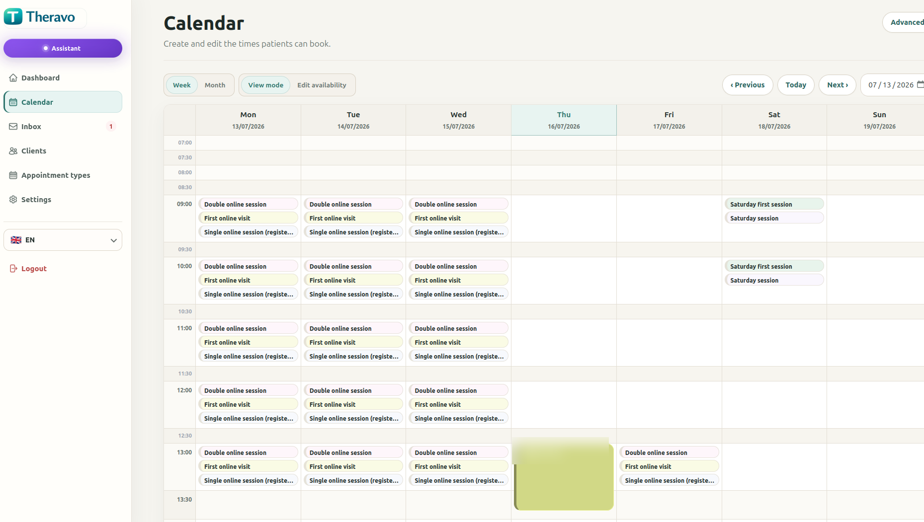 Theravo calendar view with released appointment slots and confirmed appointments.