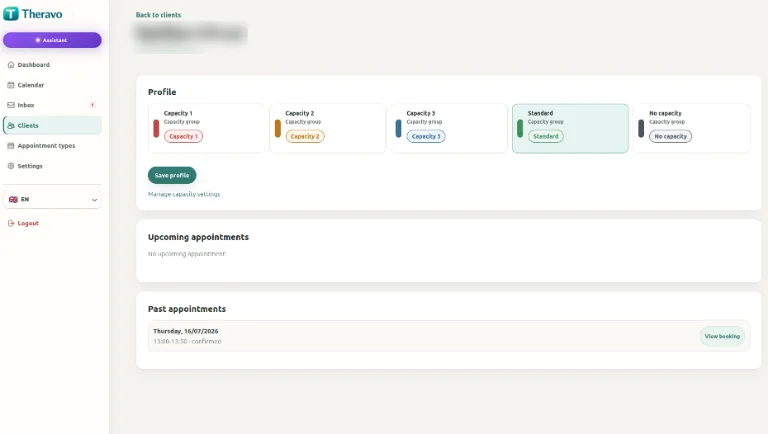 Theravo view of booking groups and patient appointment history.