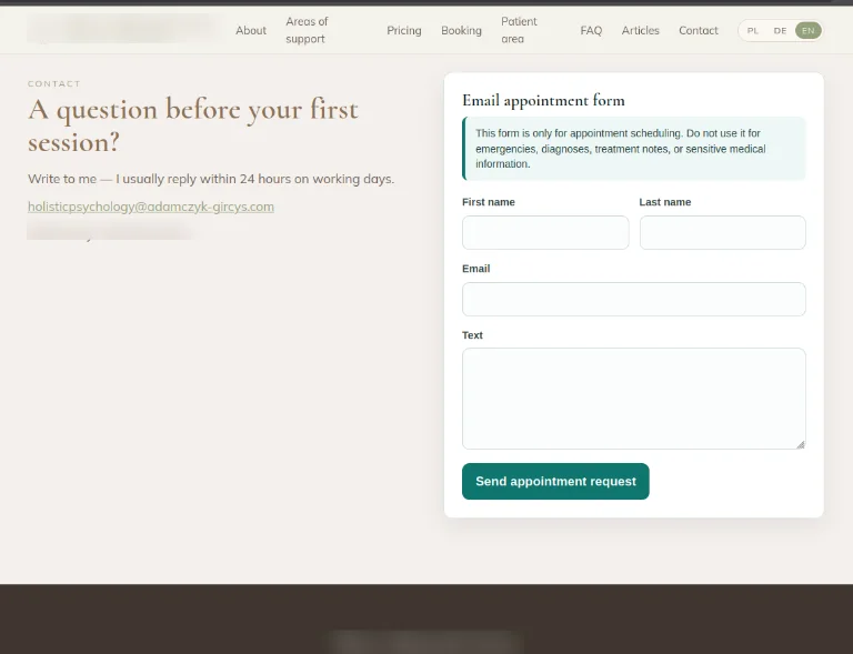 Appointment request form for a psychotherapy practice website.