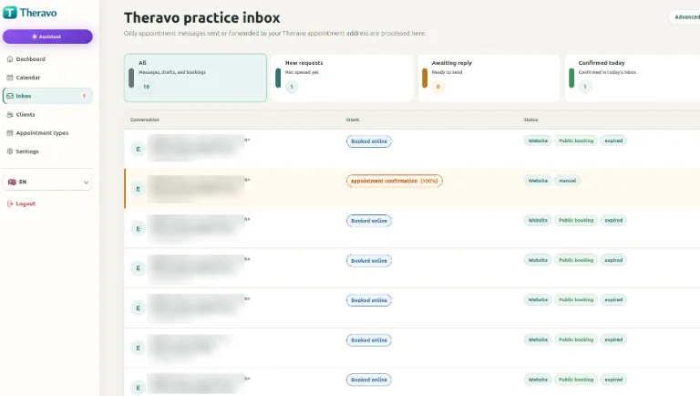 Theravo practice inbox showing appointment requests for a psychotherapy practice.