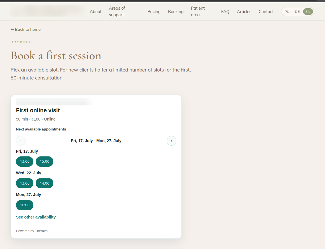Theravo booking widget showing available online appointment times for a psychotherapy practice.