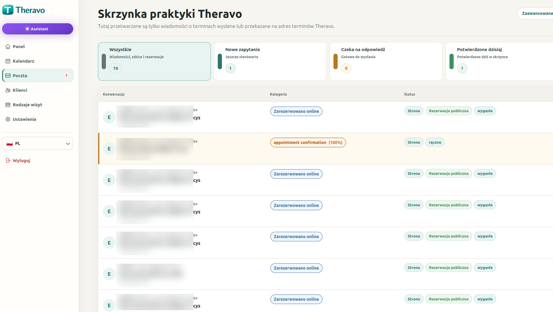 Skrzynka gabinetu Theravo z zapytaniami o wizyty dla gabinetu psychoterapii.